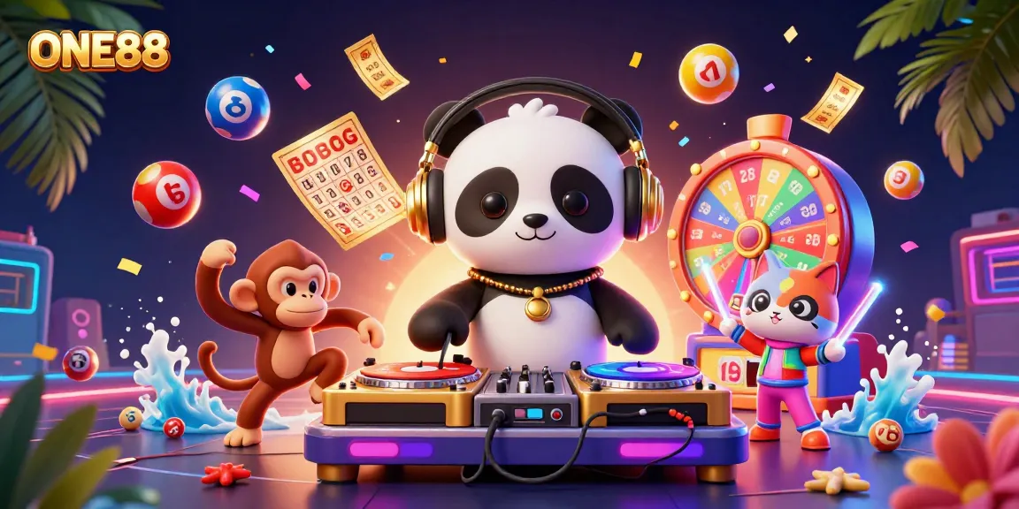 Join the fun at ONE88 with vibrant gaming elements, featuring a DJ panda and exciting game action.