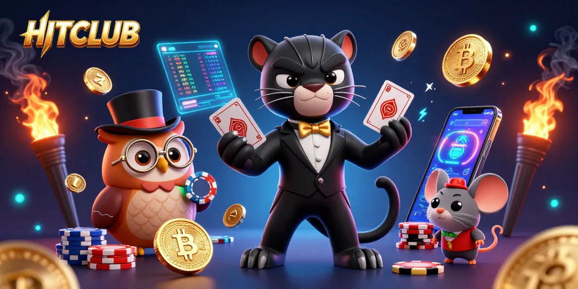 Engage in thrilling gameplay at HITCLUB with a stylish dealer, poker chips, and vibrant gaming elements.